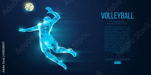 Abstract silhouette of volleyball player man, male with volleyball ball. All elements on a separate layers color can be changed to any other. Low poly neon wire outline geometric. Vector illustration