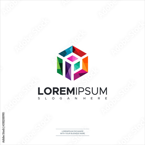 Letter P Polygon Logo Monochrome Full Color Design Template Elements