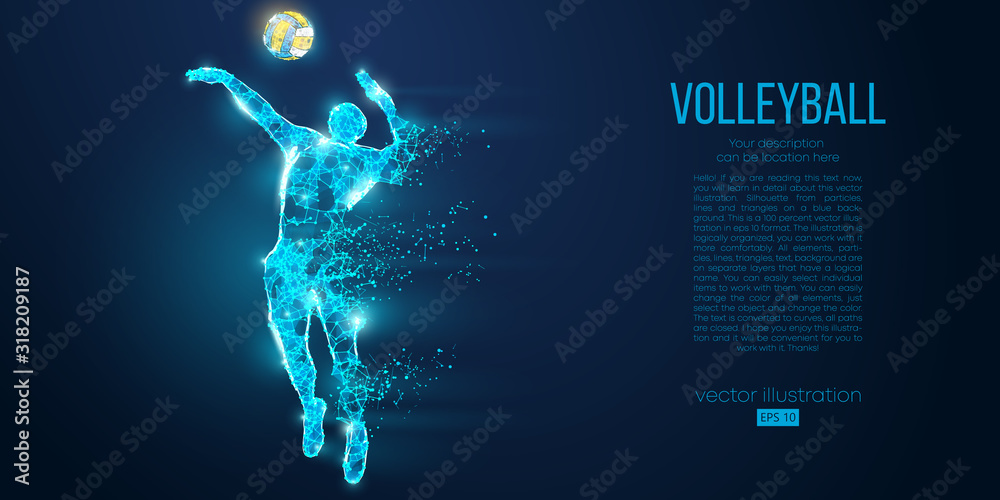 Abstract silhouette of volleyball player man, male with volleyball ball. All elements on a separate layers color can be changed to any other. Low poly neon wire outline geometric. Vector illustration