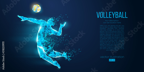 Abstract silhouette of volleyball player man, male with volleyball ball. All elements on a separate layers color can be changed to any other. Low poly neon wire outline geometric. Vector illustration