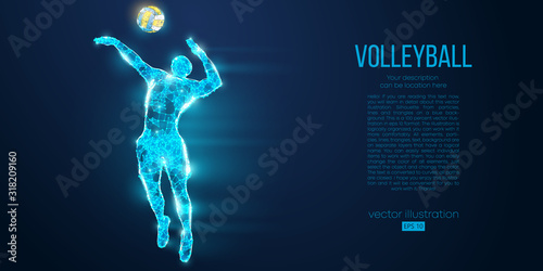 Abstract silhouette of volleyball player man, male with volleyball ball. All elements on a separate layers color can be changed to any other. Low poly neon wire outline geometric. Vector illustration