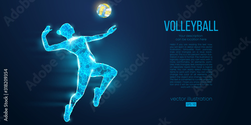 Abstract silhouette of volleyball player woman, girl, female with volleyball ball. All elements on a separate layers color can be changed to any other. Low poly neon wire outline geometric. Vector