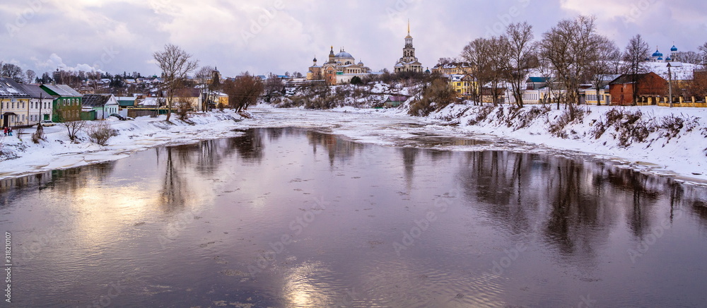 Fototapeta premium The small ancient Russian city of Torzhok on banks of Tvertsa River