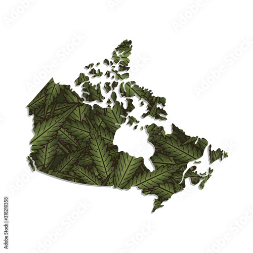 Vector map of the Canada with a background of marijuana leaves. Isolated vector Illustration.