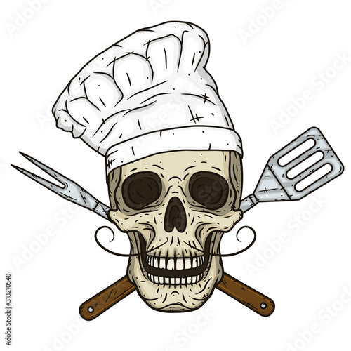 Skull in toque and crossed barbecue tools. Cartoon skull in hand drawn style. Chef skull.