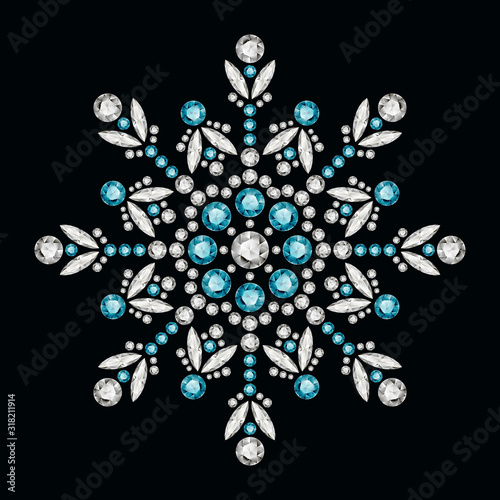 Vintage round pattern, jewelry decoration with diamonds and precious gemstones on black background, elegant jewellery snowflake or mandala ornament