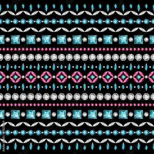 Elegant jewellery background. Set of seamless border ornaments with diamonds and precious gemstones in boho style. Jewelry collection on black. Top view.