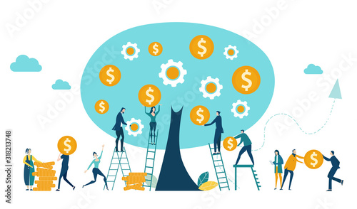 People, bankers collecting money from the money tree. Investment, savings, salary and banking concept illustration