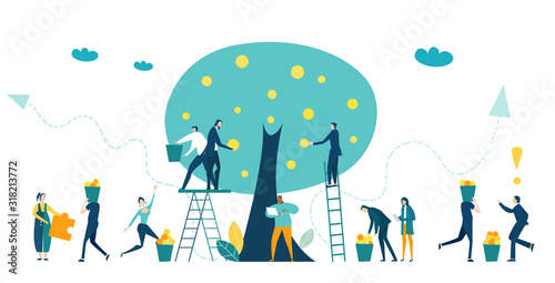 People, bankers collecting profit from the money tree. Investment, savings, salary and banking concept illustration