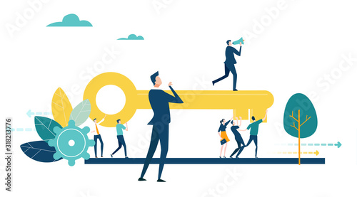 Team of business proper caring golden key as symbol of working together  team achievement and delivery the deal. Business concept illustration 