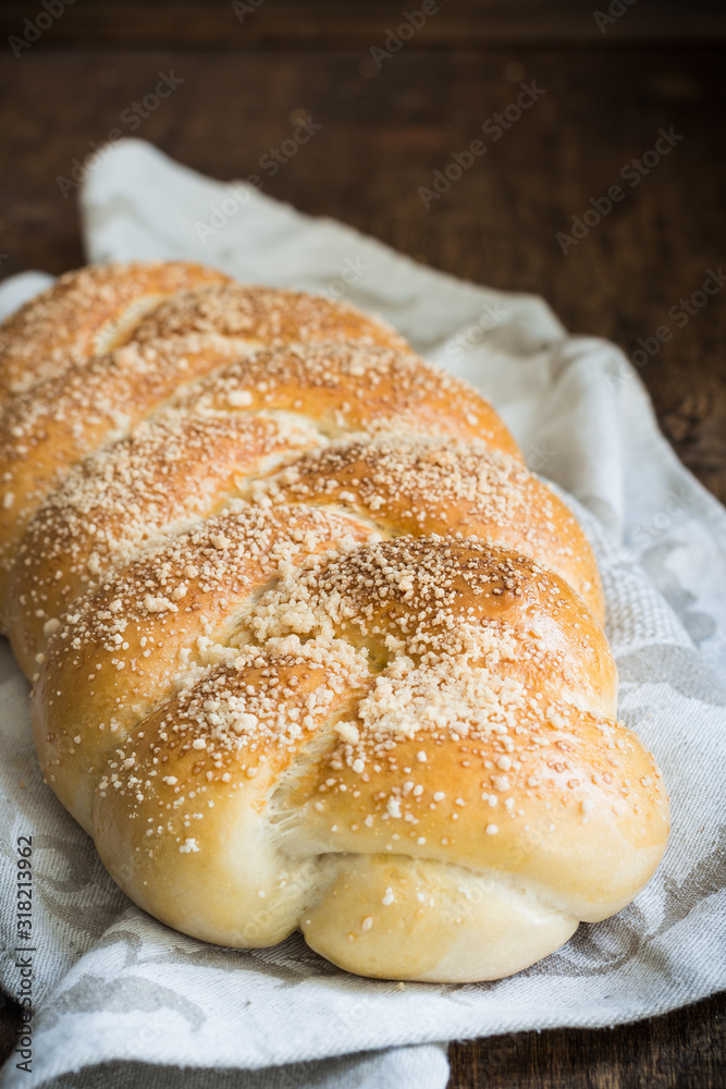 Freshly baked Challah bread. Selective focus.