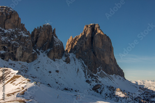 Italy Dolomites Langkofel skiing area wolkenstein sunset view cabin Winter Mountains Landscape Italian alpes