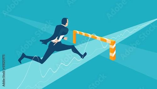 Business man running and jumping over hurdles towards success. Winning and successfulness in business concept illustration