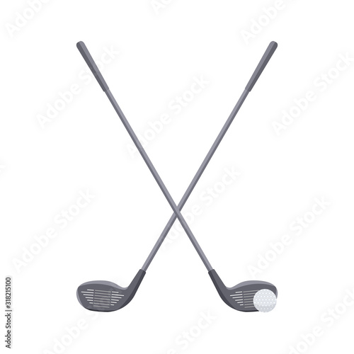 Two beautiful crossed Golf clubs and a ball isolated on white background.Sports equipment for golfing. Inventory for golfers.Vector flat illustration photo