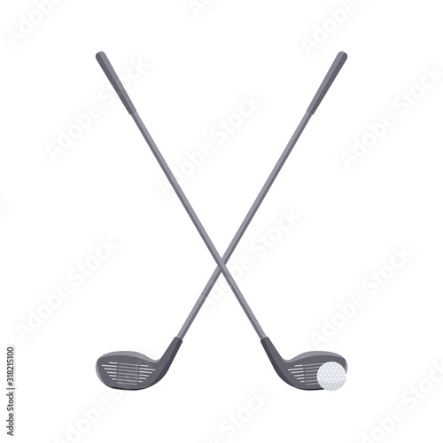 Two beautiful crossed Golf clubs and a ball isolated on white background.Sports equipment for golfing. Inventory for golfers.Vector flat illustration