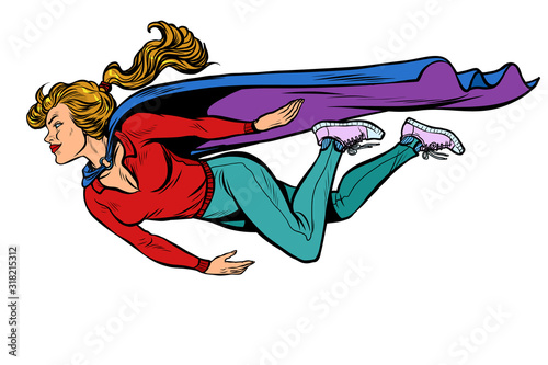 woman superhero flies. female power