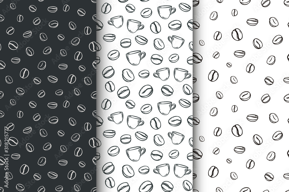 Vector set of seamless light and dark backround (pattern) with line coffee beans