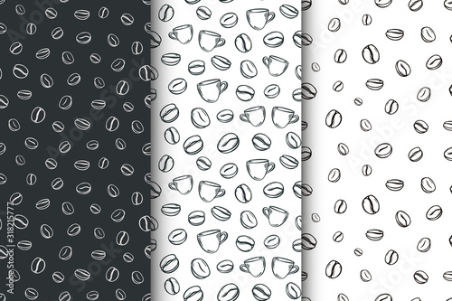 Vector set of seamless light and dark backround (pattern) with line coffee beans	