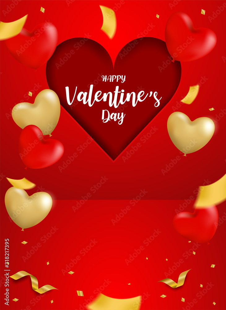 Happy Valentine day background. Design with red ,gold heart balloons and gold foil confetti on red background. Vector.