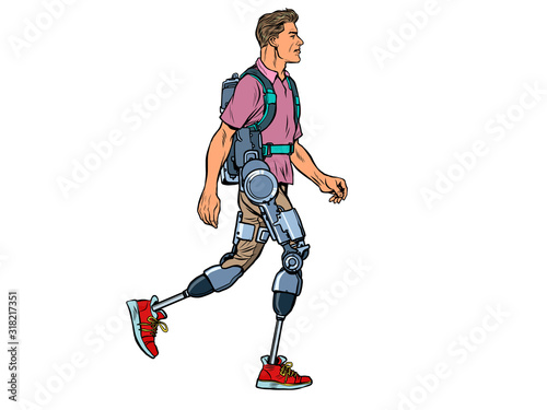 exoskeleton for the disabled. A man legless veteran walks. rehabilitation treatment recovery. science and technology