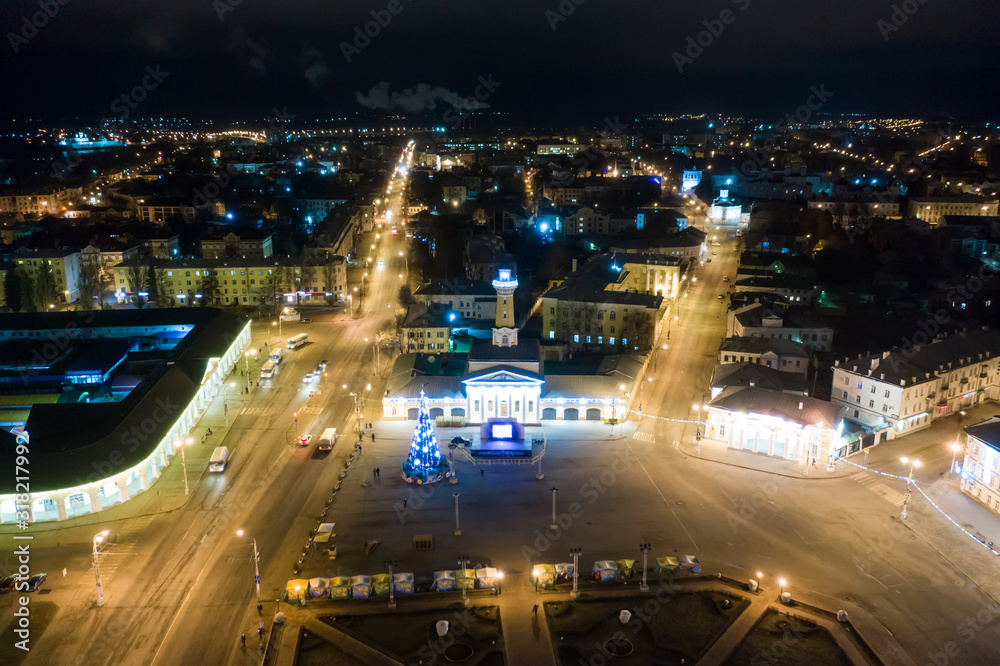 Night view of city center Kostroma with car traffic and illuminated Fire tower, Russia Night view of city center Kostroma with car traffic and illuminated Fire tower, Russia
