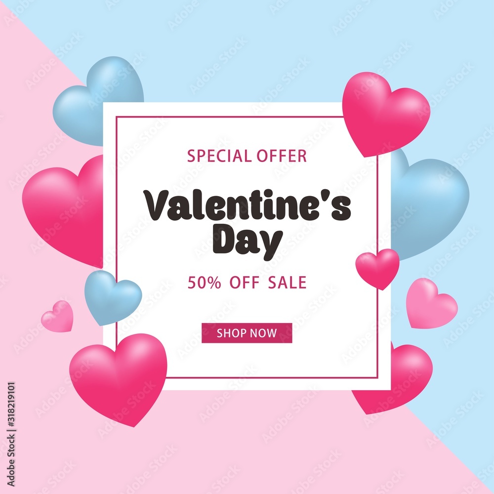 Valentine Day Sale Design With Heart, Advertising Social Media Banner Template Vector