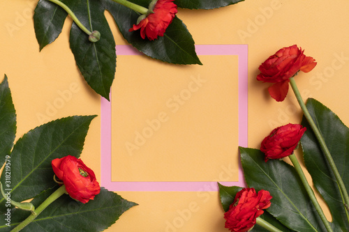 Flat lay with copy space summer tropical concept. Minimal nature flat lay. Re...