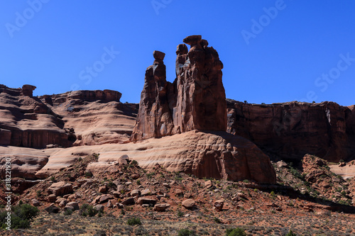 Panoramic View to the natural stone arches in Arches National Park, USA