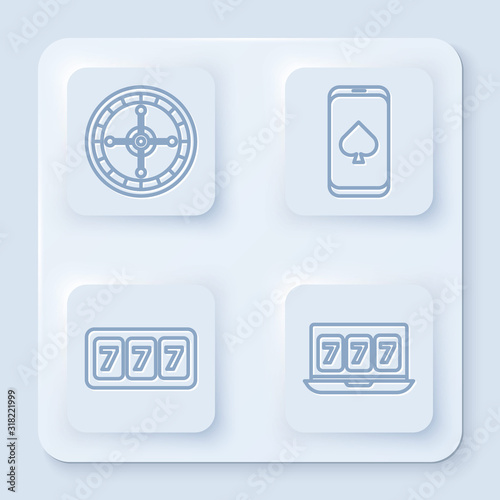Set line Casino roulette wheel, Online poker table game, Slot machine with lucky sevens jackpot and Online slot machine with lucky sevens jackpot. White square button. Vector
