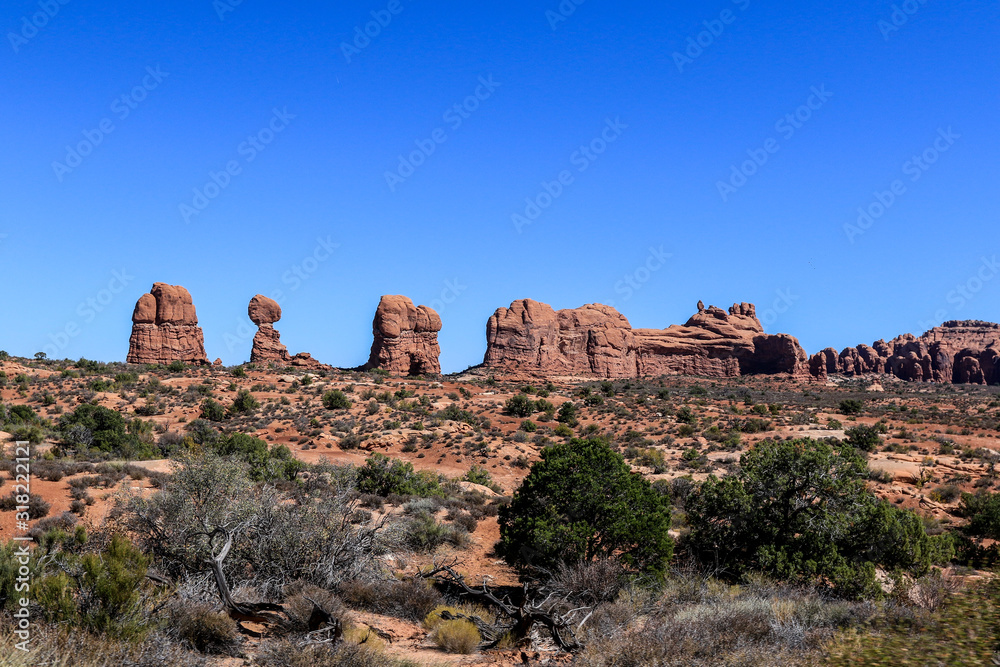 Panoramic View to the natural stone arches in Arches National Park, USA