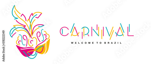 Welcome to Brazil Carnival handwritten typography colorful logo carnival mask isolated white background