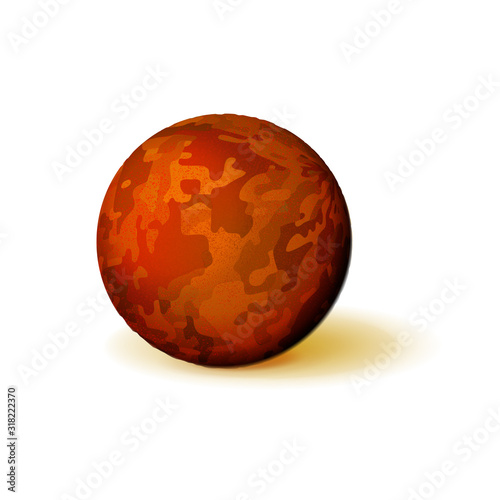 Mockup of textured rusty or reddish sphere. Rough, bumpy ball. Orb icon 3d yellow-red color. Realistic geometric design. Template vector illustration. Shape isolated on white background.