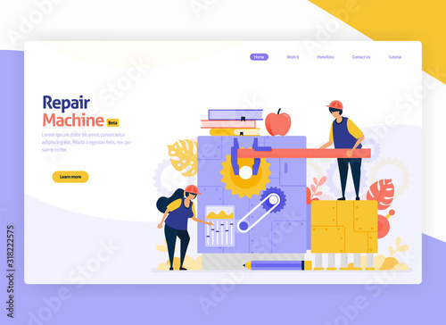 Vector illustration for repair and development of industrial manufacturing machinery. Jobs for maintenance and operation machines. For web, website, landing page, mobile app, banner, flyer, brochure