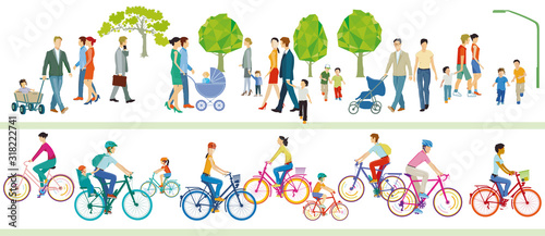 Radfahrer und Familien, Menschengruppe