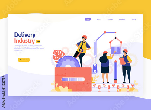 Vector illustration for industrial delivery, logistics warehouse storage items and shipping transit. machine industry and factories. For web, website, landing page, mobile app, banner, flyer, brochure