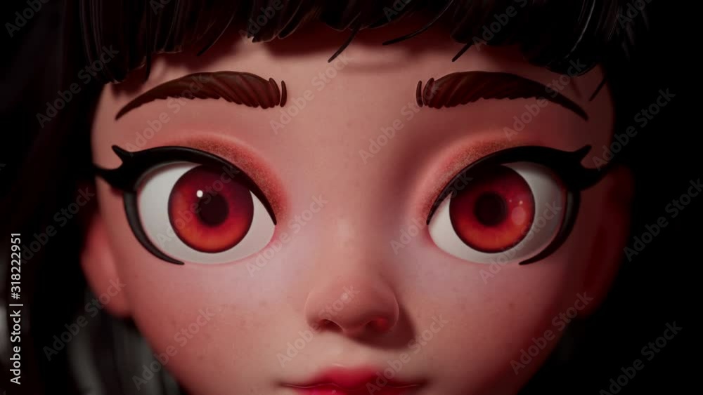 3d animation cartoon character of a brunette girl with big brown eyes. Beautiful woman face close up with freckles. Portrait young attractive cute girl. Beauty close-up of blinking eyes in slow motion
