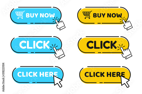 Hand cursor vector icon with blue click button. Click here for links to websites.