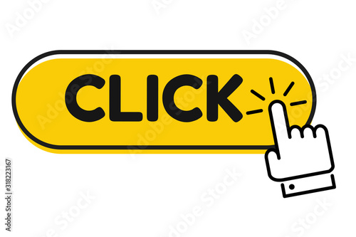 Hand cursor vector icon with yellow click button. Click here for links to websites. photo