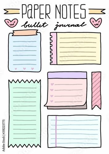Set of Cute Hand drawn Doodle Banners and Ribbons isolated on white background for your Design. Bullet journal Ideas. Girly Stuff. Sticky Paper Notes.