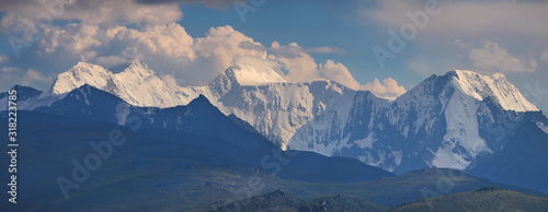 Belukha Mountain is the highest point of Altay. Panoramic view of snow-capped peaks. © Valerii