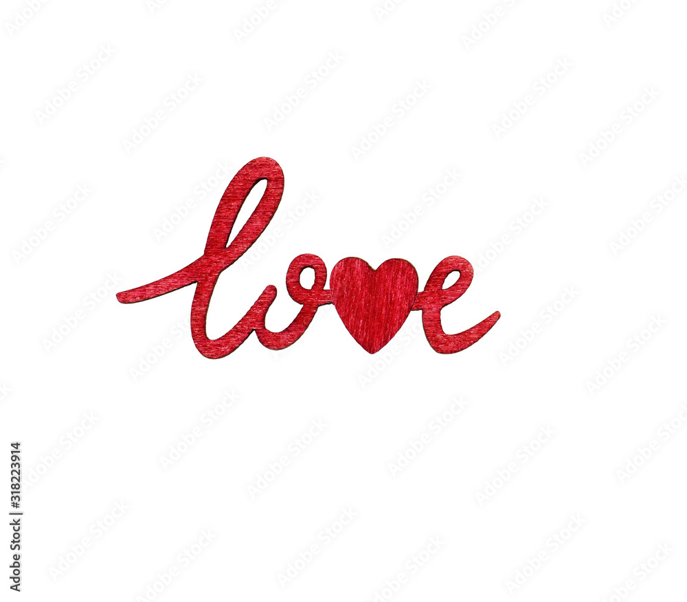 Lettering «love» and red hearts from wood