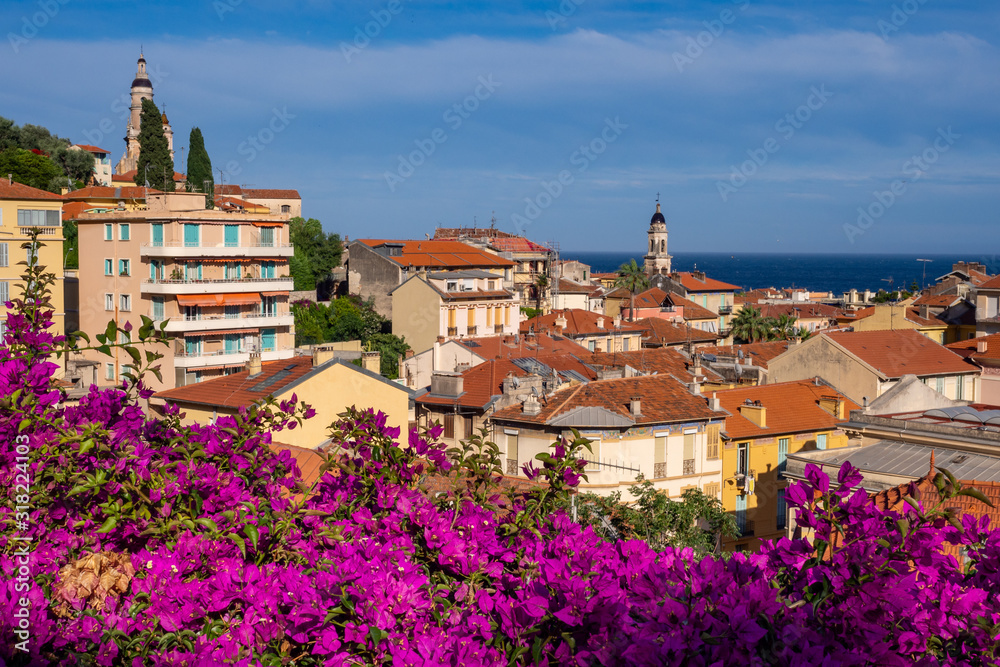 Obraz premium View on Menton in French Riviera with Bougainvilleas