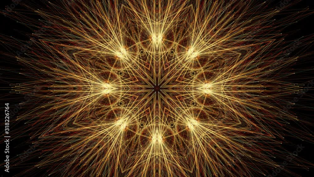 Abstract kaleidoscopic starlike evolving pattern on black background