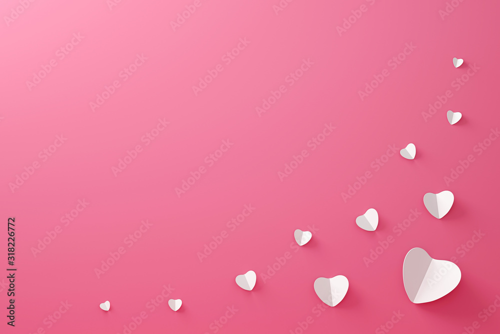 Origami of white heart and frame pattern made from paper on happy valentines background with love concept. 3D rendering.