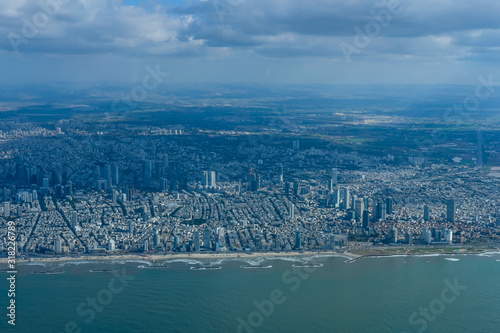 Cityscape of the city of Tel Aviv from the air, taken from an airplane photo