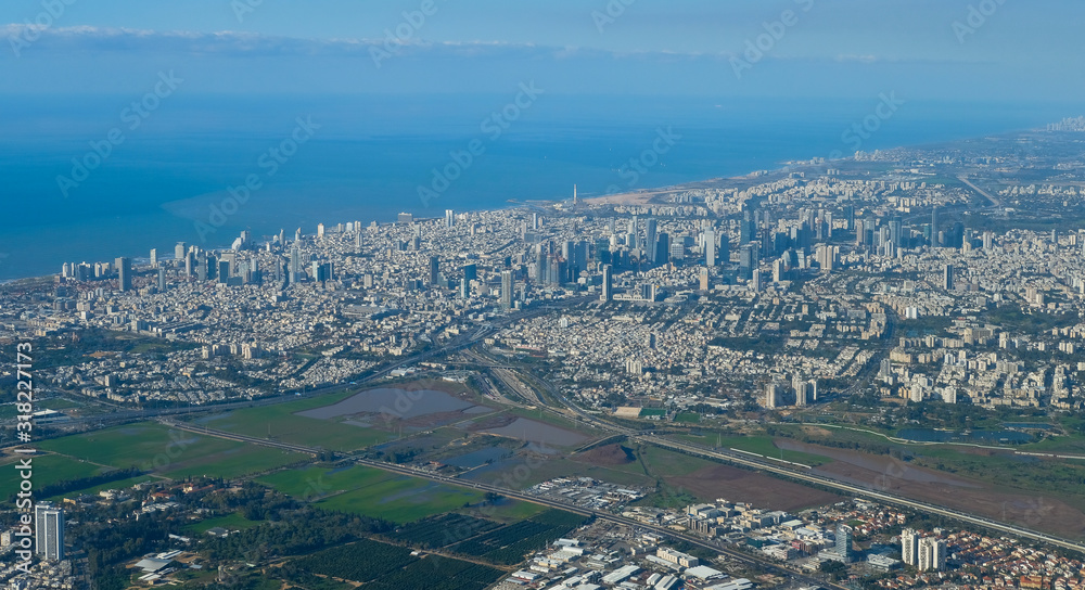 Panorama of the city center of Tel Aviv - Yafo taken from the air, aerial shot of the modern economic and technical center of Israel