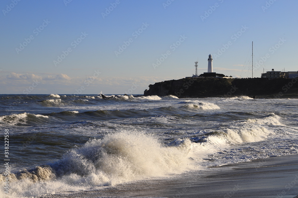 Lighthouse of cape Inubo and Kimigahama beach, Chiba, Japan. Copy space.