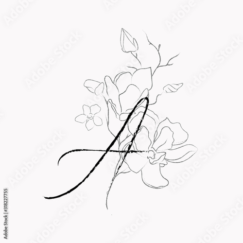 Handwritten Floral Logo Template. Line Drawing Monogram A with Magnolia Flowe...