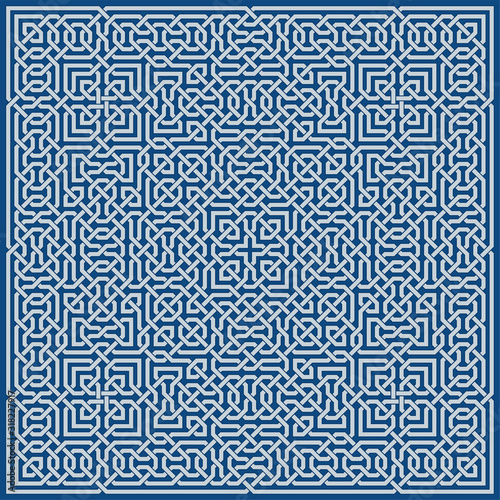 Classic Blue Ornate Seamless Vector Pattern of Moorish Tile Decorations. Tileable mosaic background in Islamic style.