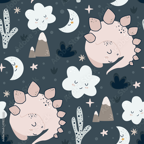 seamless pattern with sleeping dino - vector illustration, eps
